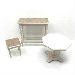 Painted console table with atlas themed top, barley twist supports (W77cm,  H74cm,  D36cm) a matching lamp table and a hexagonal occasional table (3)