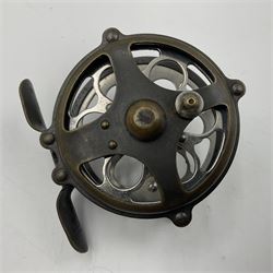 TO RTV Three fishing reels, including American Pflueger progress bulldog size 60 brass and chrome skeleton fly reel, with wooden handle; Maginot 106 fly reel and an alloy reel (3)