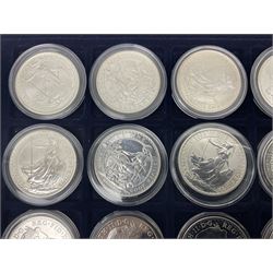 Twenty-four Queen Elizabeth II Britannia one ounce fine silver two pound coins, dated 1998, 1999, 2000, 2001, 2002, 2003, 2004, 2005, 2006, 2007, 2008, 2009, 2010, 2011, 2012, 2013, two 2014, 2015, 2016, 2017, 2018, 2019 and 2020 (24), housed on a coin tray