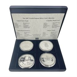 Four one ounce fine silver coins, forming 'The 2007 Famous World Silver Coin Collection', comprising United States eagle, Australian kookaburra, Chinese panda and Canadian maple leaf, cased with Westminster certificate 