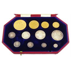 King George V 1911 proof long coin set, comprising gold half sovereign, sovereign, two pounds and five pounds, silver maundy money set, sixpence, shilling, florin and halfcrown, housed in dated case 
