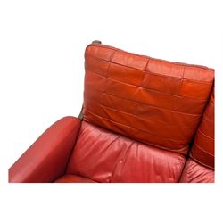 Folke Ohlsson for Gimson & Slater - mid-20th century Danish teak-framed sofa, red leather upholstery with patchwork design, raised on shaped teak side supports