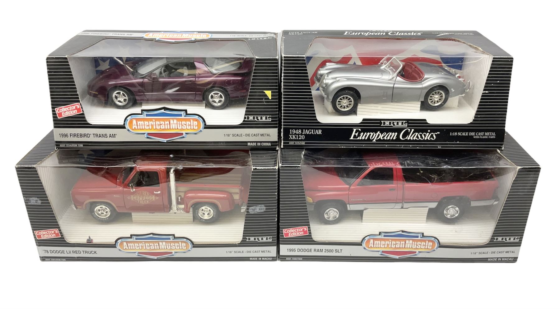 Ertl - three American Muscle 1:18 scale die-cast models comprising 1995 Dodge Ram 2500 SLT; '78 Dodge Lil Red Truck; and 1996 Firebird Trans Am; together with an Ertl European Classics 1:18 scale 1948 Jaguar XK120; all boxed (4)