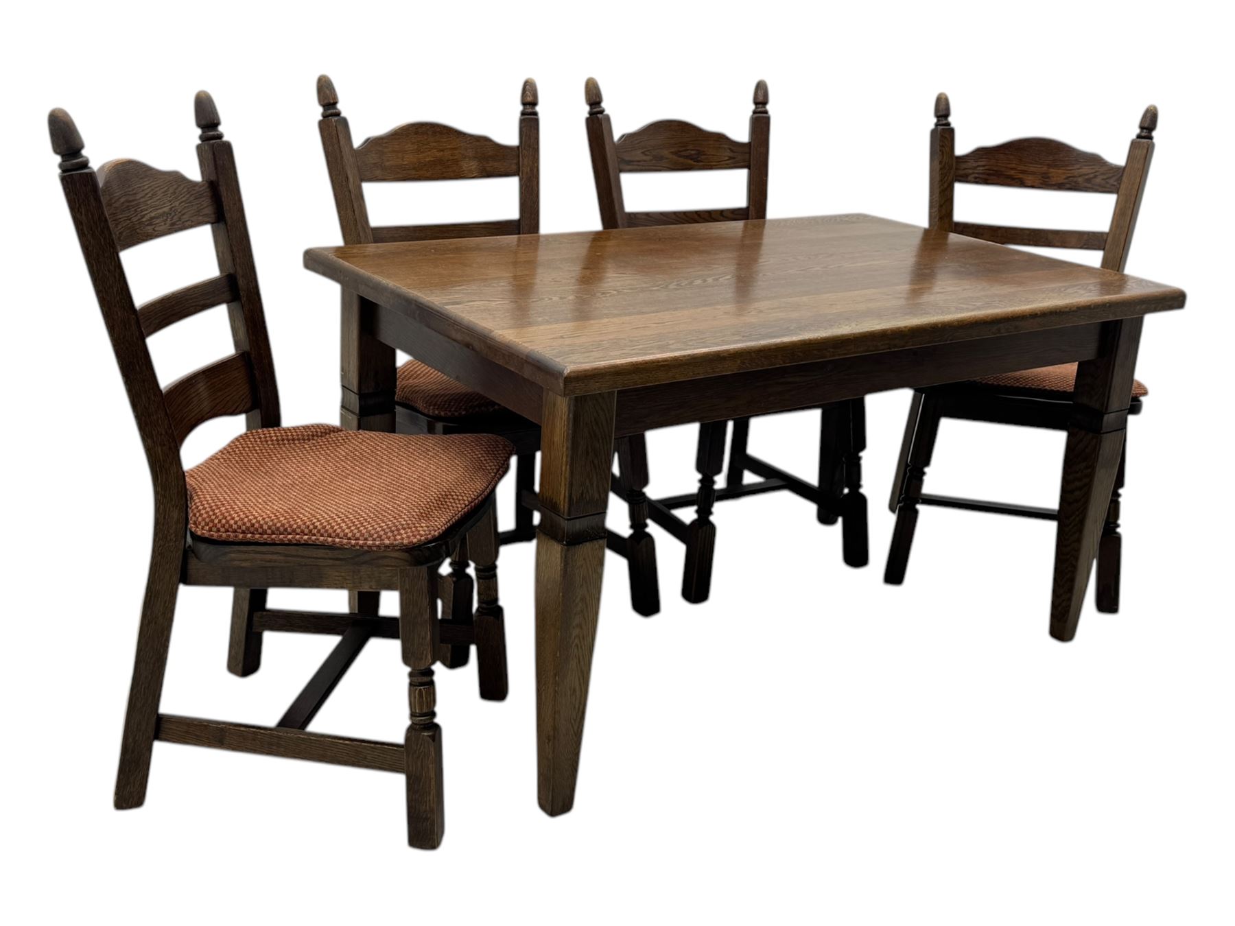 Mid-20th century Dutch oak dining table, rectangular top raised on square supports with tapered sections; four ladderback dining chairs, on turned supports with H-stretchers