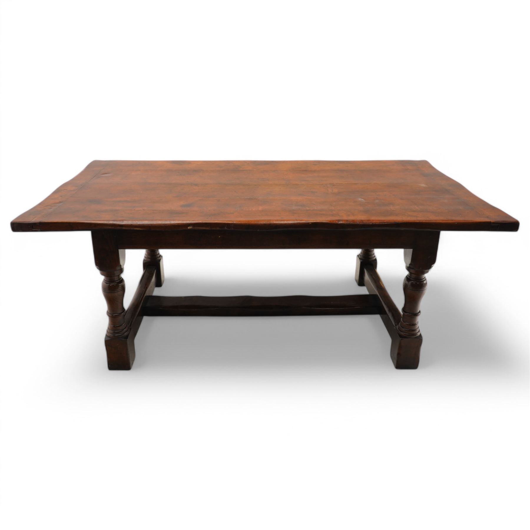 17th century design oak refectory dining table with baluster turned supports  united by a H-shaped stretcher base