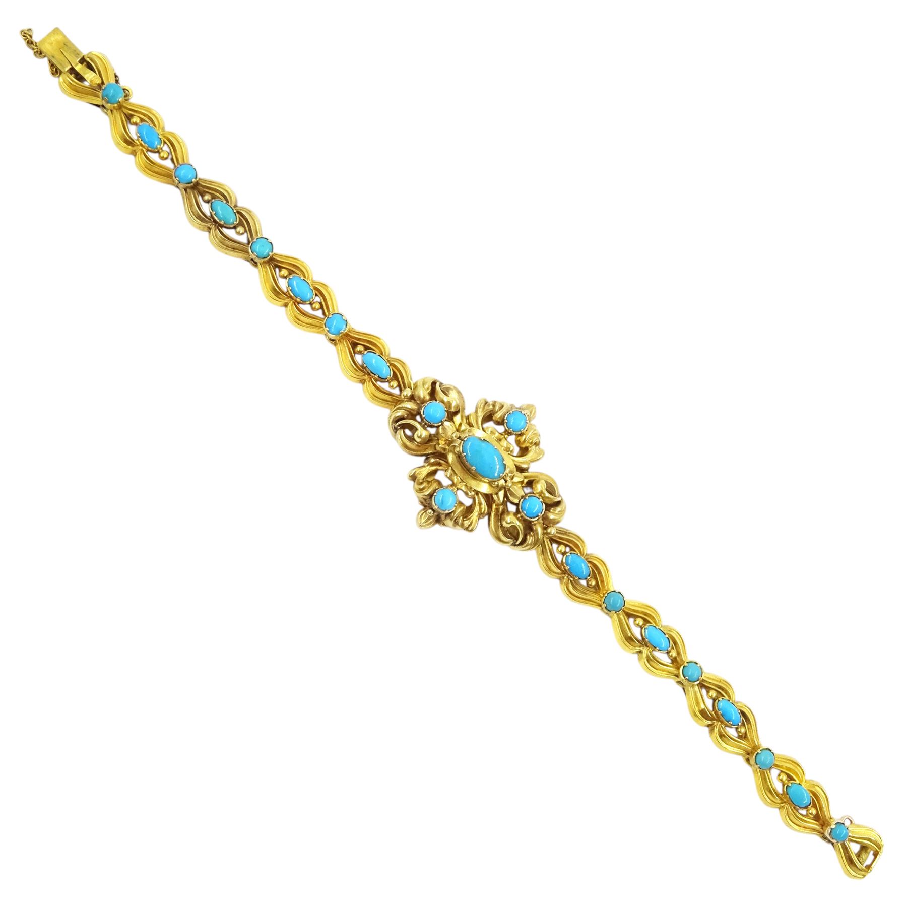 Victorian gold  turquoise bracelet, the scroll design centrepiece set with five cabochon turquoise, on a fancy link turquoise bracelet, in fitted velvet and silk lined box