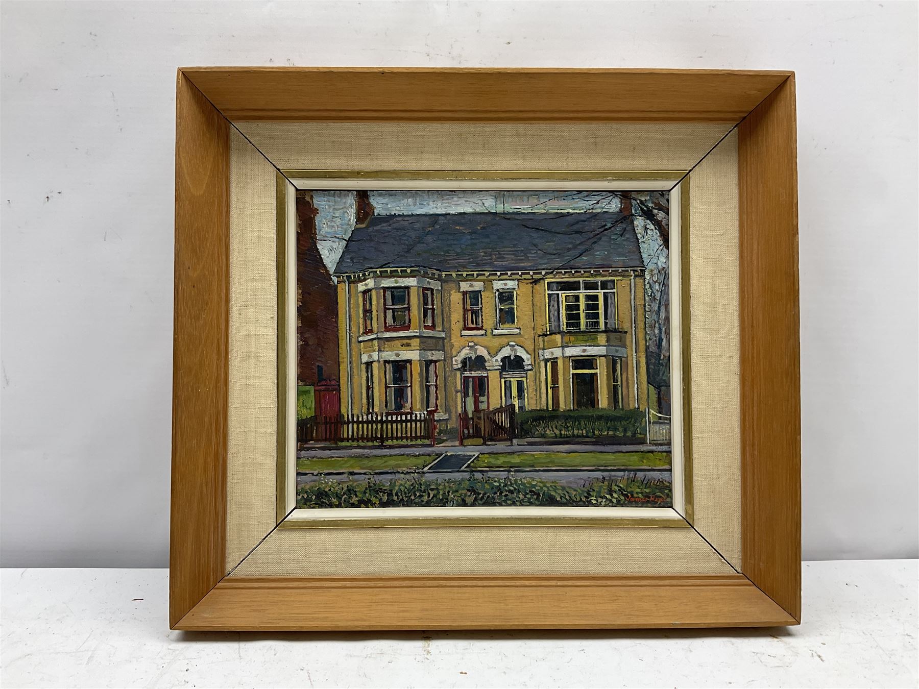 James Neal (Northern British 1918-2011): 'Houses in Victoria Avenue Hull', these are the houses opposite where the artist lived at number 205, oil on board signed, 20cm x 24cm
Provenance: East Yorkshire private collection purchased from the artist; exh. Royal Academy Summer Exhibition 1965, No.764. Neal was accepted at St Martin's School of Art in 1932, aged 14. In 1958 he moved to Hull as Lecturer in Painting and Drawing at Hull Regional College of Art, then becoming Senior Lecturer in the History of Art. Over the next fifty years he became well known for painting scenes around the Hull area. Ferens Art Gallery, has twice mounted major retrospective exhibitions of James Neal's work