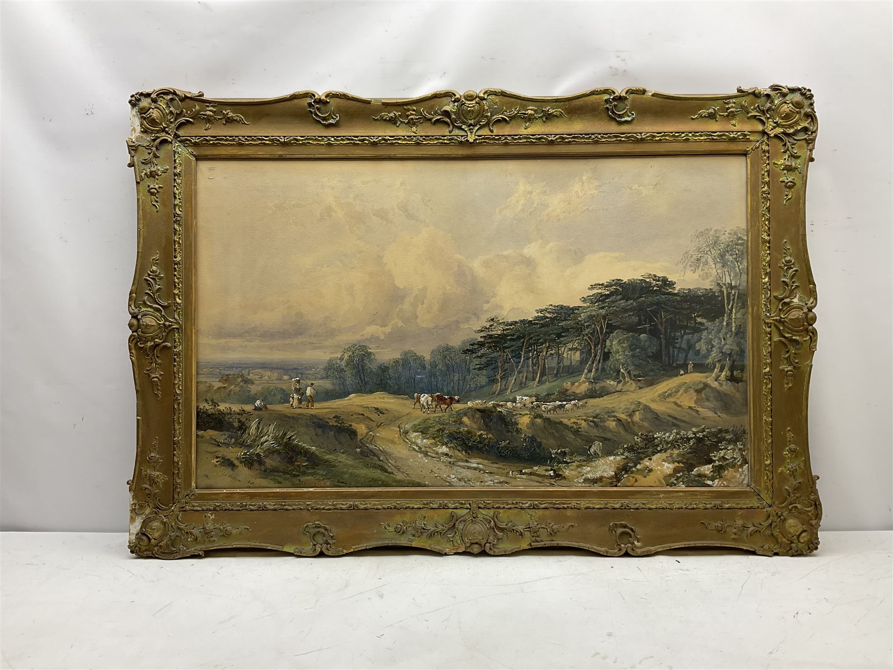 George Arthur Fripp (British 1813-1896): Landscape with Cattle Sheep and Figures, watercolour heightened in white signed and dated 1842, 55cm x 91cm