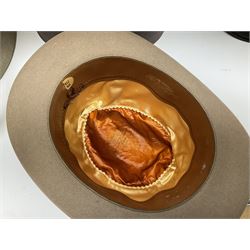 Grey homburg hat  C A Dunn & Co bowler hat, Christy's London,  bowler hat R W Forsyth, Antler hat box with handle, L32, D17cm, Small hat box L28cm, D17cm. 