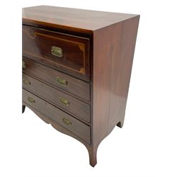 19th century figured mahogany secretaire chest, the fall front top drawer with satinwood band and fan inlaid spandrels, satinwood interior fitted with small drawers and pigeon holes, three graduating drawers below, shaped apron with splayed bracket feet