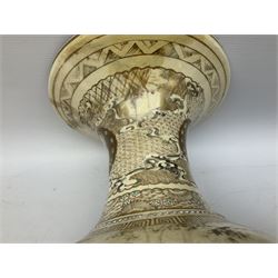 Pair early 20th Century Japanese floor vases of ovoid form, painted with warriors and elders within geometric designs and gilding, H61cm