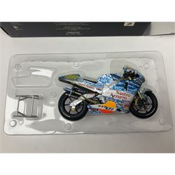 Two Minichamps limited edition Valentino Rossi Collection 1:12 scale die-cast motorcycles - Honda NSR500 Valentino Rossi Team Nastro Azzurro GP Donington 2000 with rider; and Honda NSR500 Valentino Rossi Team Azzurro GP Mugello 2001 Dirty Version; both boxed (2)