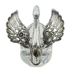 Four cut glass and silver mounted bonbon and salt dishes modelled as swans with pierced and articulated wings, three stamped stamped 835 Silver, one smaller  stamped 925 beneath, also bearing import marks for London Assay Office, date letter indistinct, largest example H15cm