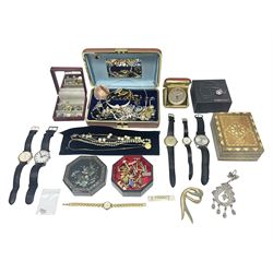 Costume jewellery including earrings, cufflinks, bracelets and necklaces, etc, and five wristwatches