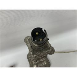 Pair of Corinthian column candlesticks, and a silver plated lamp, candlesticks H26cm