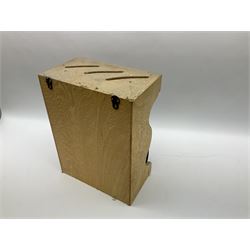 Le Creuset 'Volcanic Orange' cast iron and enamel milk pan with wood handle together with a three piece red cast iron Cousances saucepan set of graduating form, with lids housed in original wooden hanging stand and further Cousances lidded casserole dish and pan