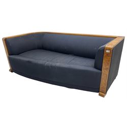 Thormer Polstermobel - Art Deco design three seat sofa, of curved tapering form, upholstered in midnight blue fabric, framed in figured burr elm