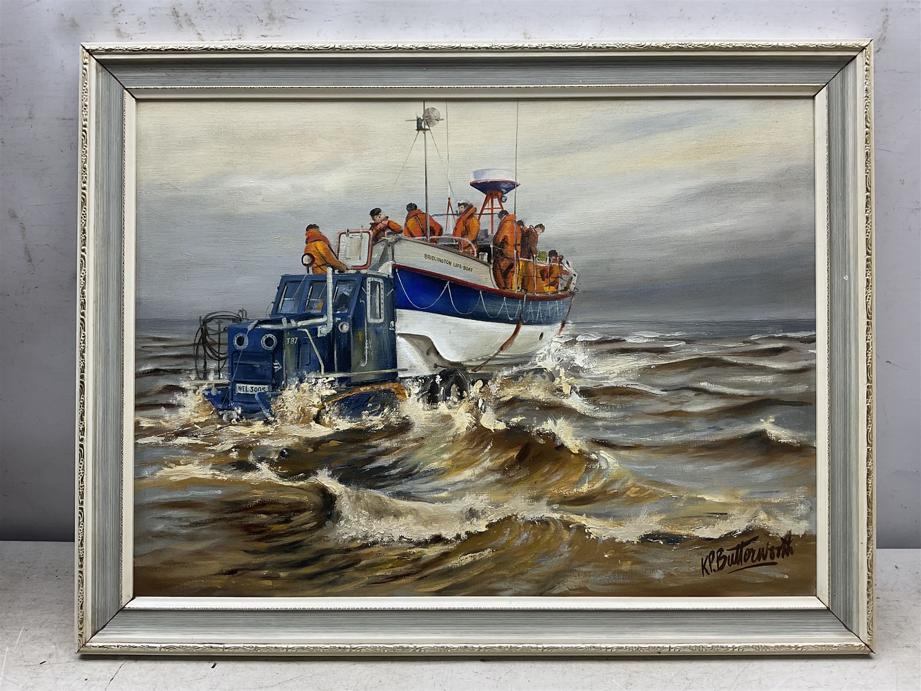 K P Butterworth (British Contemporary): 'Launch of the Bridlington Lifeboat', oil on canvas board signed, titled verso 43cm x 59cm 