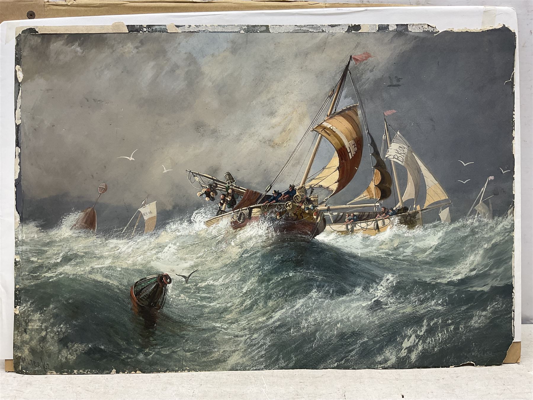 Henry Valter (British fl.1854-1898): Fishing Boats in a Swell, watercolour and gouache signed and dated '62, 50cm x 73cm (unframed)