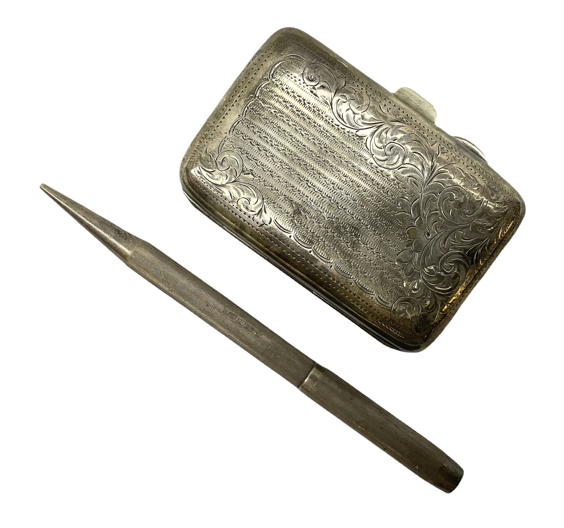20th century engine turned silver propelling pencil by Johnson, Matthey & Co, stamped London 1956, together with silver cigarette case stamped Birmingham 1904 with engraved foliate decoration, total weight 74g