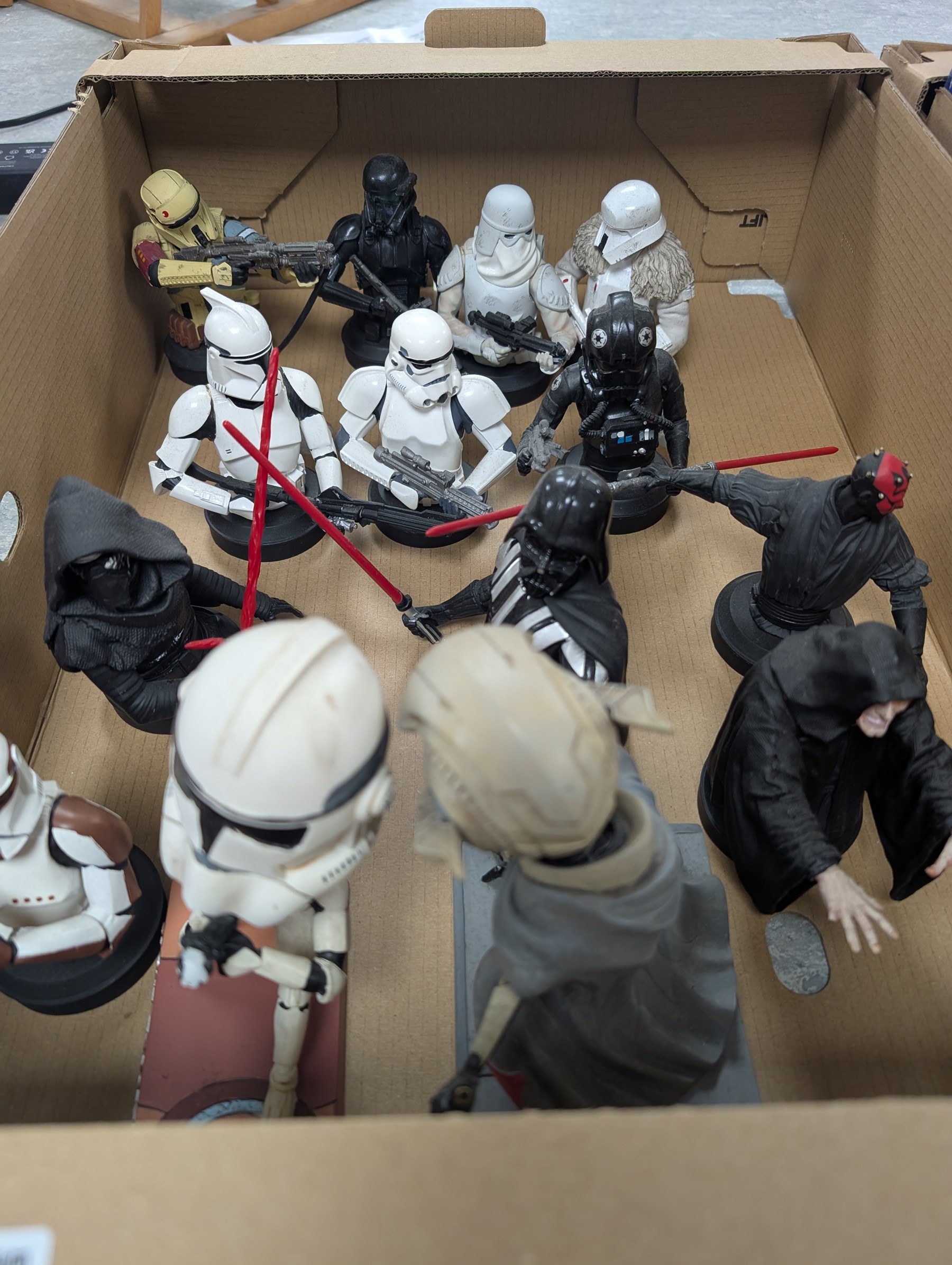 Large collection of Star Wars figures, including bobble heads, Disney busts, Funko etc, together with a collection of loose empty boxes in five boxes