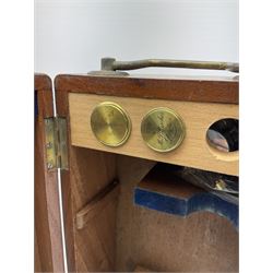 19th century lacquered brass monocular microscope by Moritz Pillischer No.1795 in fitted mahogany box with carrying handle and two additional lenses 