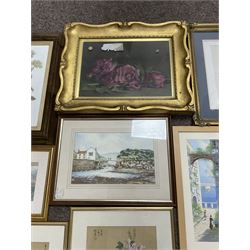 Collection of watercolours and other pictures, artists including FW Ridley (pair), AD Bell (pair unframed), James Orrock, Mel Fowler, Gianni, Michael Major (of Scalby Mills near Scarborough), still life oil in gilt frame, Whistler print, Japanese paintings on silk, etc