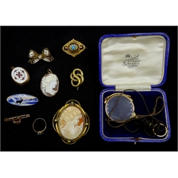  Pair of gold pince-nez, Victorian gold mourning ring and brooch, all tested 15ct, amethyst and seed pearl horseshoe brooch and cameo pendant, both stamped 9ct, ruby and enamel pendant, Danish enamel brooch stamped 925S NE etc  