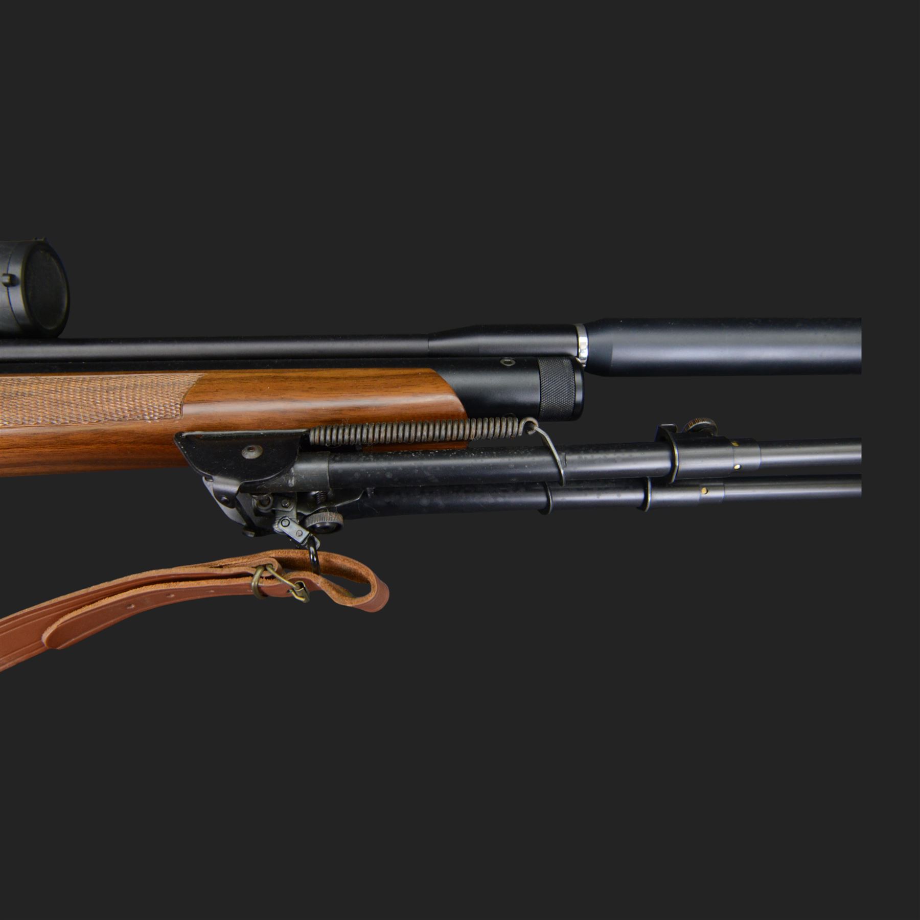 Logun MK2 22 Cal. air rifle, serial no 25885, with ASG fitted sight, bi-pod stand and fitted moderator  