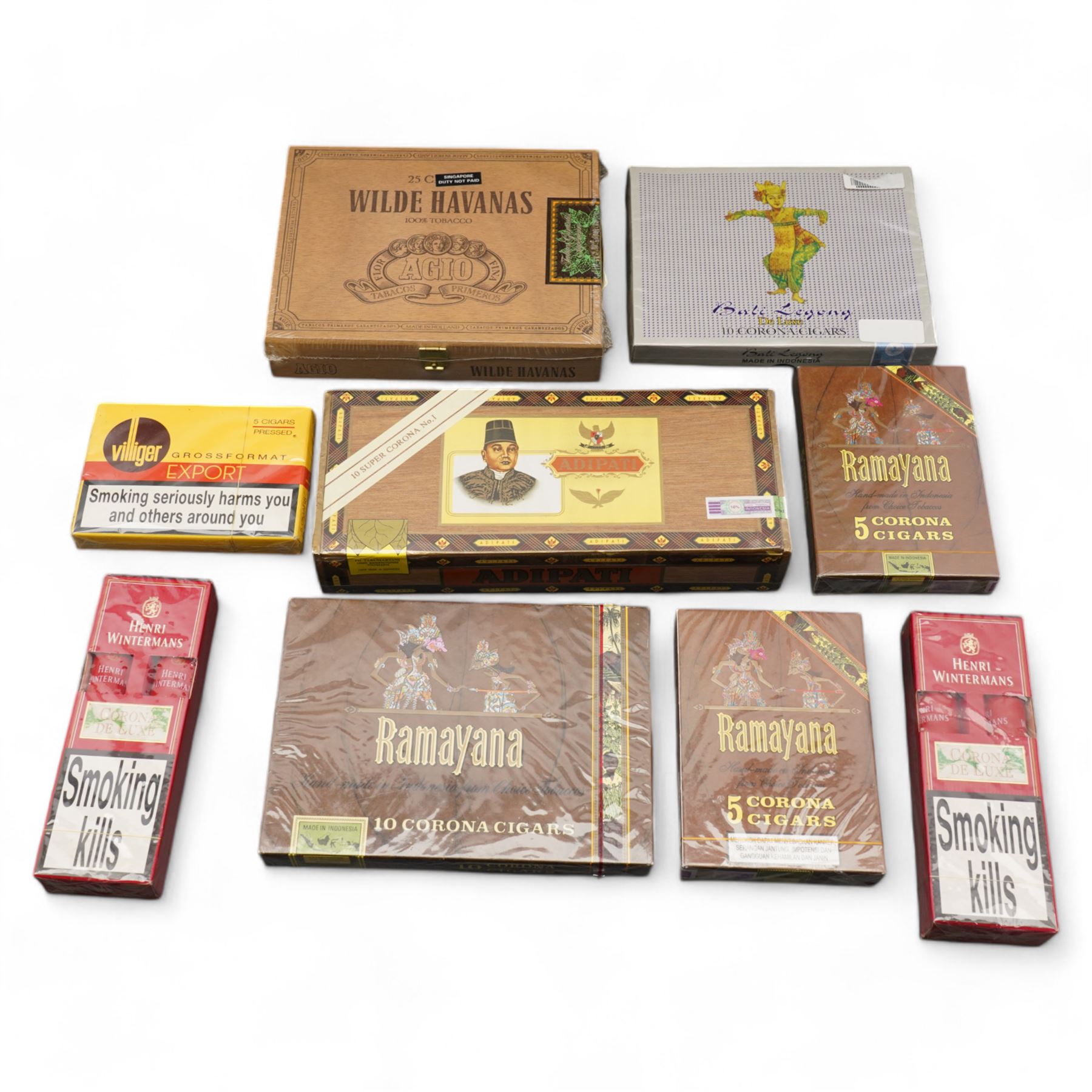 Sealed boxes of cigars including Ramayana, Villiger, Adipati No. 1, Henri Wintermans, Bali Legong and Agio Wilde Havanas (9)