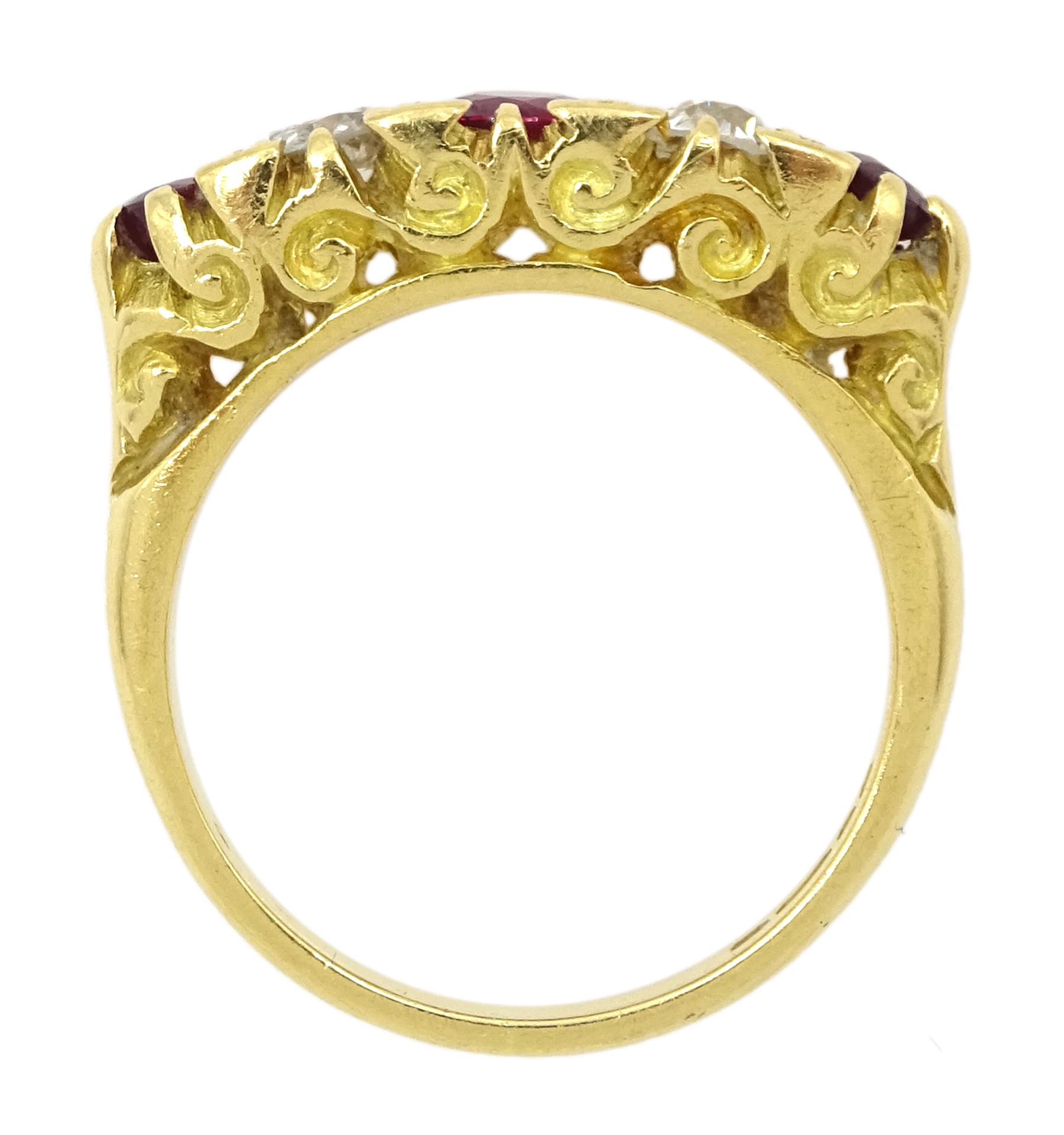18ct gold five stone round ruby and old cut diamond ring, London 1976, total diamond weight approx 0.45 carat, total ruby weight approx 0.50 carat
