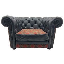 Barker and Stonehouse - chesterfield armchair, upholstered in buttoned black leather and red and green geometric pattern fabric, studded detail 