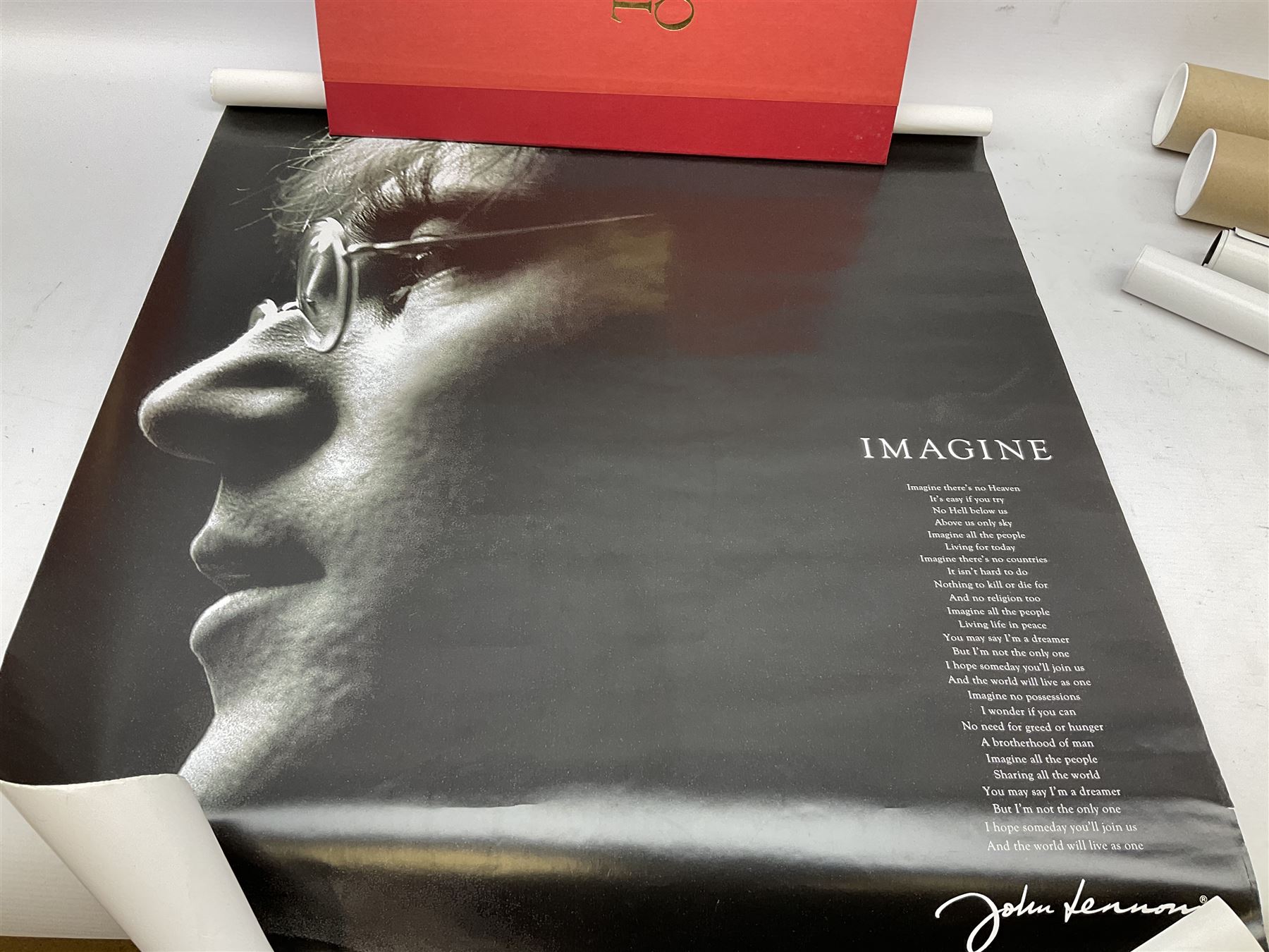 Three unframed posters - John Lennon, Frank Sinatra and Charlie Chaplin; quantity of unframed prints including The Shell Collection portfolio; and a framed print