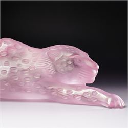 Lalique frosted and clear pink glass model 'Zeila Panther' designed by Marie-Claude Lalique signed 'Lalique France' L34cm with guarantee etc in original Lalique pink box