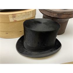 Top hat by Tress & Co London, in a  fitted leather leather case,  Top hat by Chapellerie Francaise. 