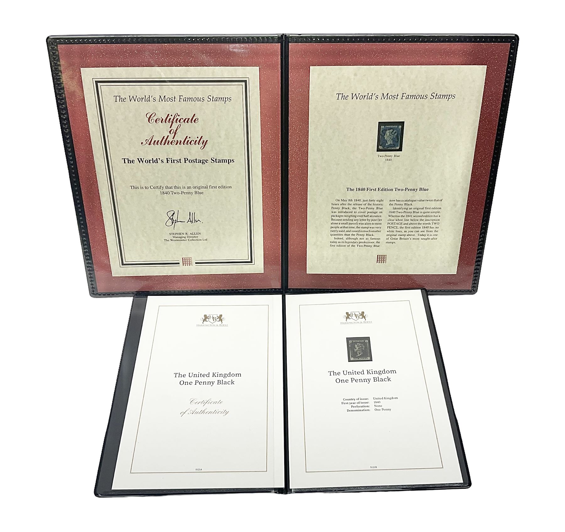 Great Britain Queen Victoria penny black stamp with black MX cancel and 1840 two pence blue stamp with black MX cancel, both housed in folders