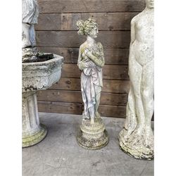 Four cast stone maiden figures, small bird bath and planter