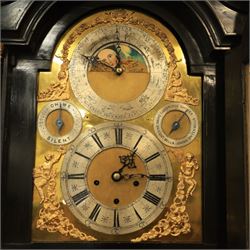 Late nineteenth century ebonised and gilt-bronze mounted musical longcase clock of impressive architectural form, the case of ebonised finish with applied gilt bronze neoclassical inspired masks and mounts, hood of arched form with glazed door, flanked by free fluted columns with gilt bronze Corinthian capitals surmounted by stylized Lion finials, frieze and arch enriched with applied foliate mounts, trunk with a rectangular glazed door bordered by mouldings and flanked by engaged columns with gilt bronze mounts above a shaped projecting base panel with applied central female mask and corner foliate ornamentation, arched brass dial, with a silvered chapter ring and applied cast gilt bronze spandrels and arch decoration, incorporating subsidiary selection dials for chime/silent and tune regulation, offering Cambridge chimes on eight bells and an additional chime sequence on ten bells, brass arch is further embellished with a moon phase aperture with lunar calendar scale, Zodiac symbols, month and date indication on a silvered dial, substantial eight-day, three-train movement with pinned cylinder musical train and a graduated nest of eleven bells with eleven hammers, quarter chiming with separate hour/half-hour strike and chime repetition, movement is regulated by an anchor escapement, with brass disc pendulum, three brass weights, two winding keys and case door key