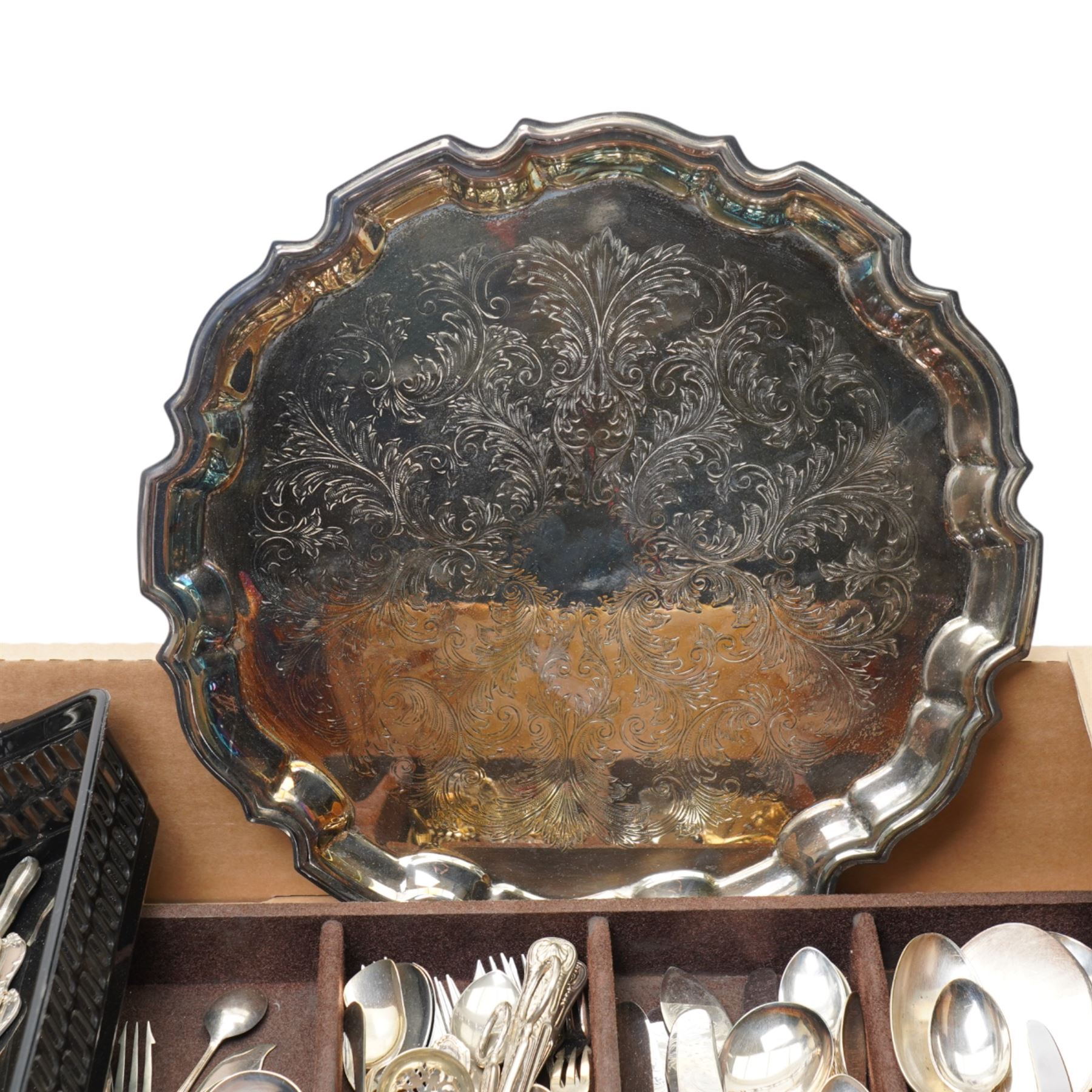 Quantity of assorted plated cutlery and a plated salver