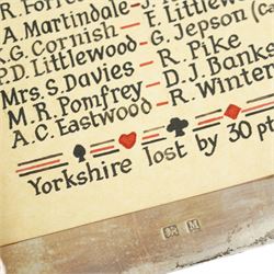 'The Roses County Contract Bridge Match, Yorkshire V Lancashire presented by Capt. G Fell 1936 for a record of the teams' - A silver booklet decorated with enamel roses containing hand drawn lists of the teams 1936 together with other team lists 1955-1984 15cm x 10cm Birmingham 1936 Maker S Blackensee & Son Ltd