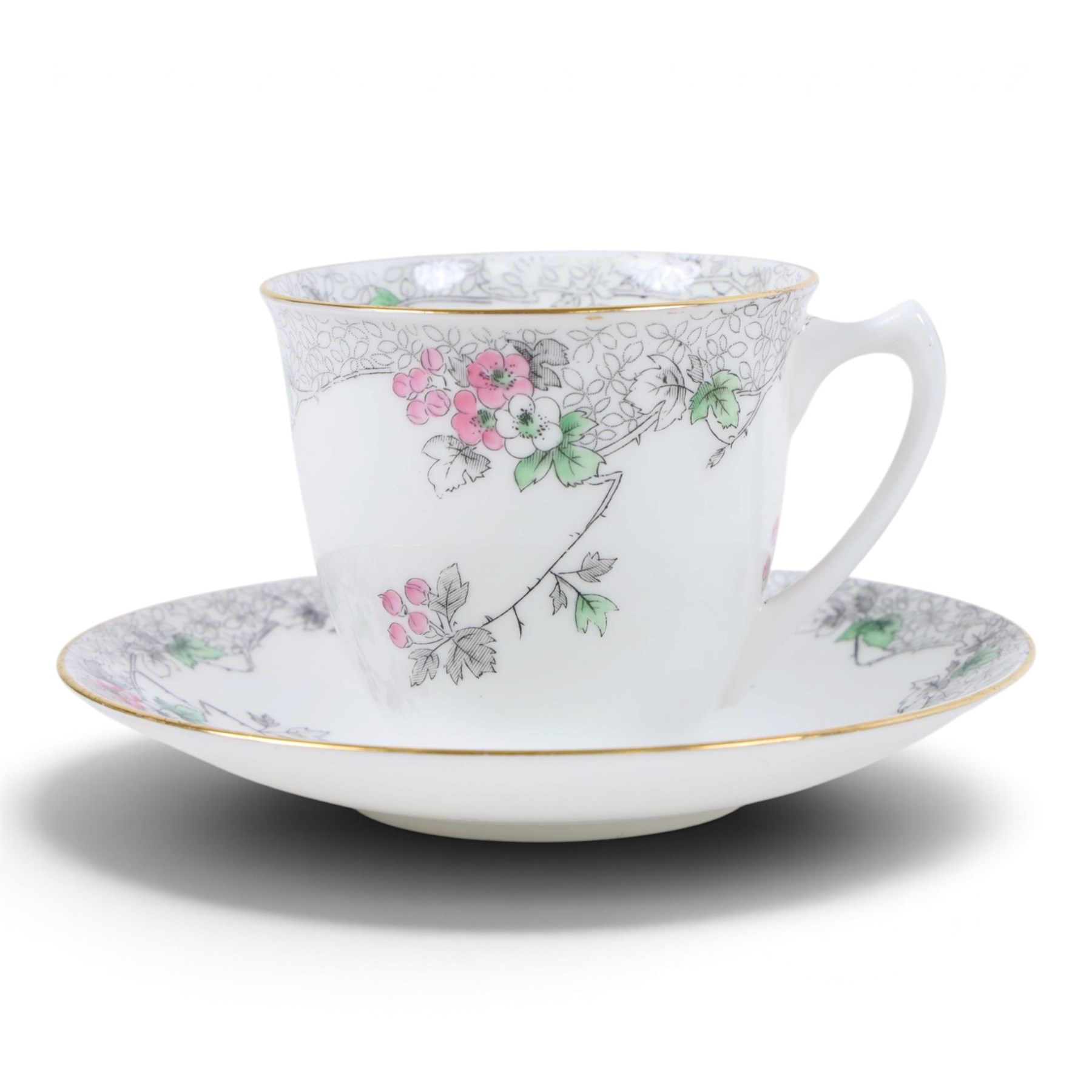 Shelley Bramble Rose pattern tea service, comprising milk jug, open sucrier, eleven cups and saucers, twelve dessert plates and two cake plates 