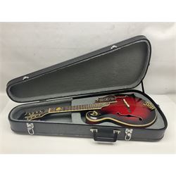 Eastern eight-string mandolin with red sunburst finish and mother-of-pearl inlay of eagles, clouds, trees etc L86cm; in fitted hard carrying case