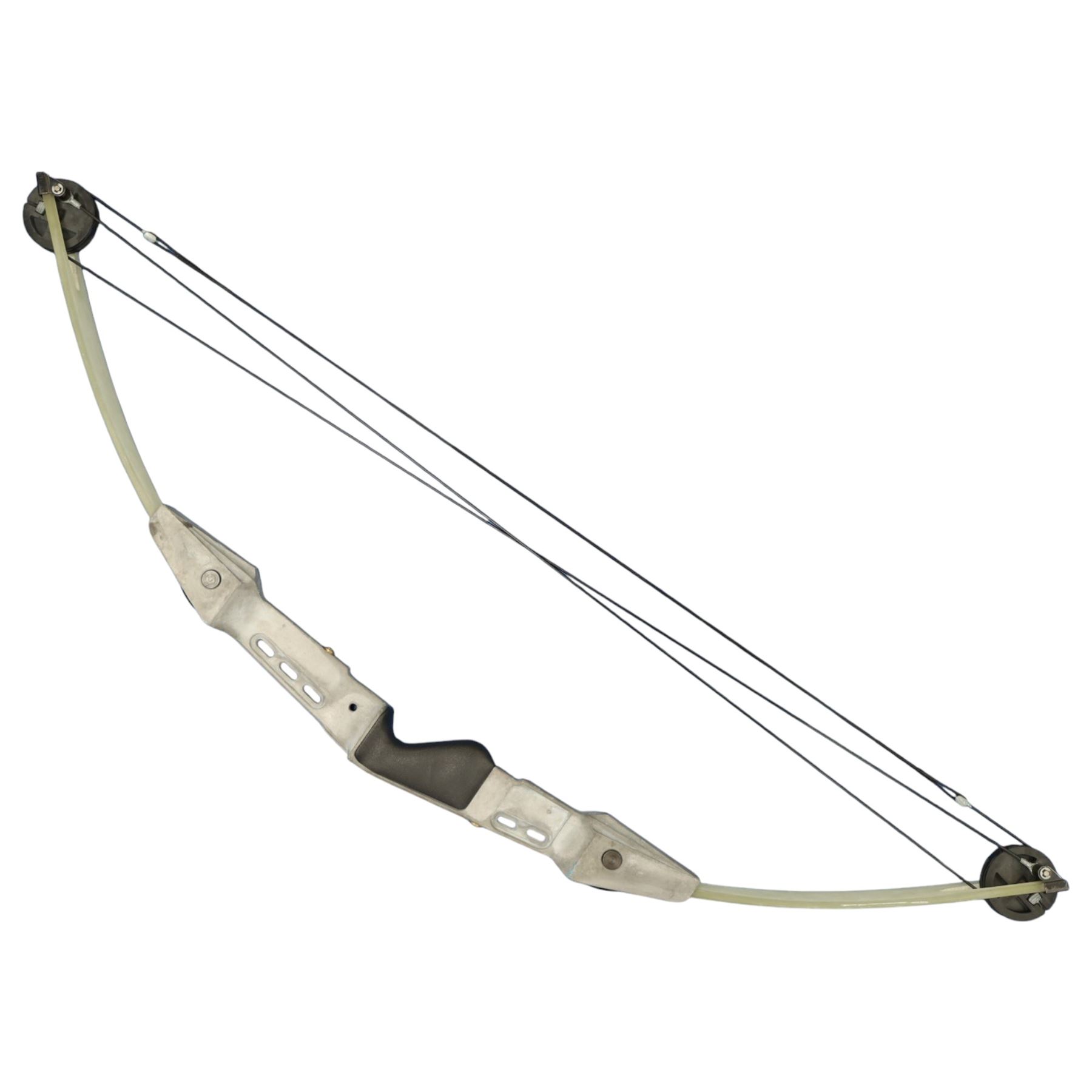 Compound archery bow, shaped metal centre section with moulded hand grip, fibreglass limbs and pulley wheel terminals, together with a group of arrows