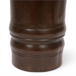 18th century turned fruitwood mortar, of tall proportions and cylindrical form with ring turned and moulded detail, 22.5cm 
