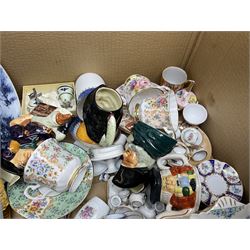 Quantity of ceramics to include Limoges egg box decorated with flowers, Limoges miniature furniture, Beswick bulldog and blue tit figures, Royal Worcester Palissy, pair of Chinese vases, Japanese tea wares, collection of thimbles, Crown Staffordshire, teawares, together with two Murano style glass clowns etc