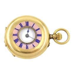 Early 20th century Swiss 18ct gold keyless half hunter cylinder fob watch, white enamel dial with Roman numerals, the back case engraved with initials EJN, hallmarked