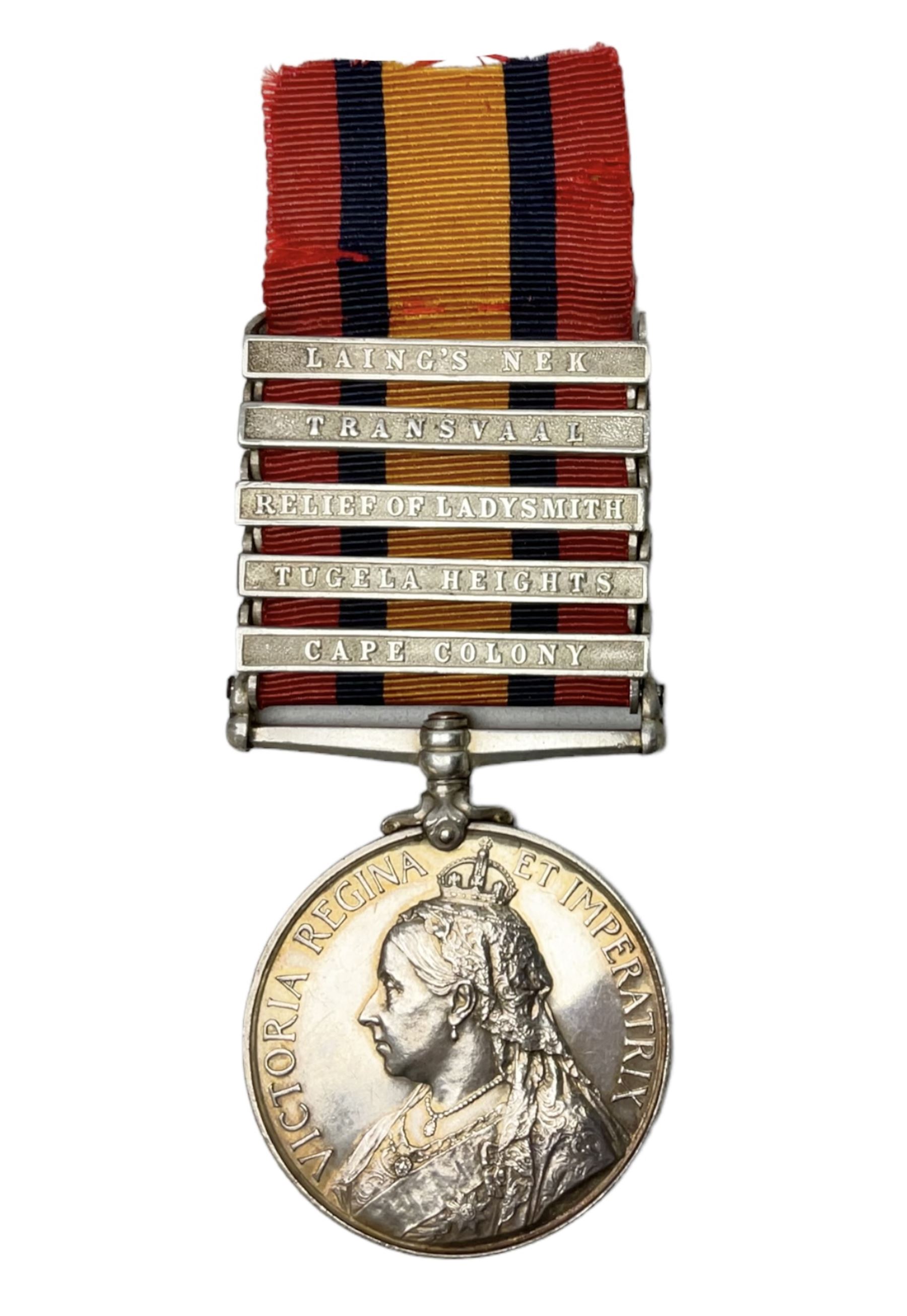 Queens South Africa Medal with five clasps for Laing's Nek, Transvaal, Relief of Ladysmith, Tugela Heights and Cape Colony awarded to 25767 Sapr. J. Hawke R.E. with ribbon