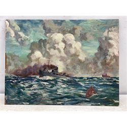 James Torrington Bell (British 1892-1970): 'His Majesty's Trawler Agnes Weatherly at Sea', oil on board signed and dedicated 'To Lieutenant Campbell Pinhey RNVR' 46cm x 61cm (unframed)