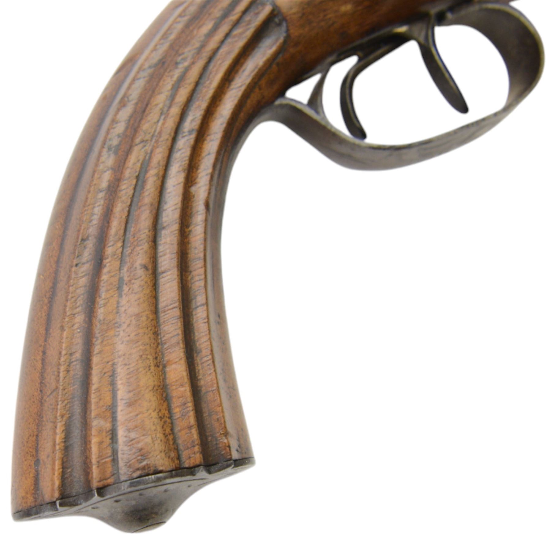 Mid 19th century double-barrelled Italian percussion pistol, smooth, round, 14 mm cal. barrels, forward spring lock engraved with floral motifs; wooden stock with grooved butt and engraved iron mounts, L35cm