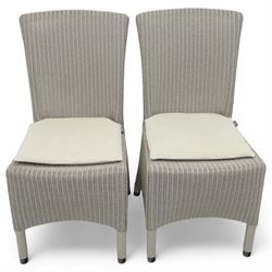 Neptune – Sheldrake limed oak extendable dining table and eight Havan loom chairs, the oval top in limed oak finish with four additional leaves extending the table to seat up to ten (Extends to cm), raised on turned legs with two additional centre supports, the matching Havan loom chairs finished in grey with cream upholstered seat covers (H 95cm, W 47cm, D 55cm)